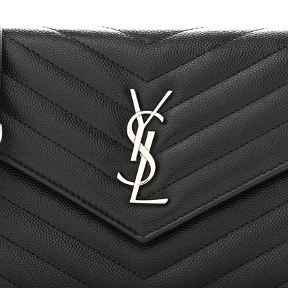 Saint Laurent Grain De Poudre Matelasse Chevron Monogram Envelope Chain Wallet Black 6 of 9