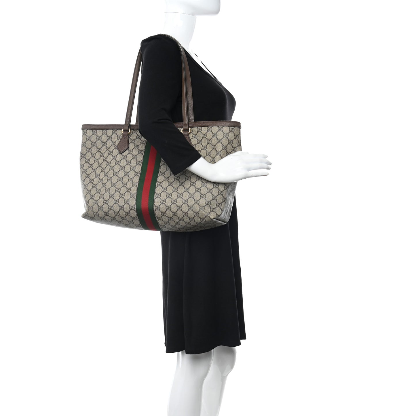 GG Supreme Monogram Textured Calfskin Web Medium Ophidia Shopping Tote Beige Ebony New Acero