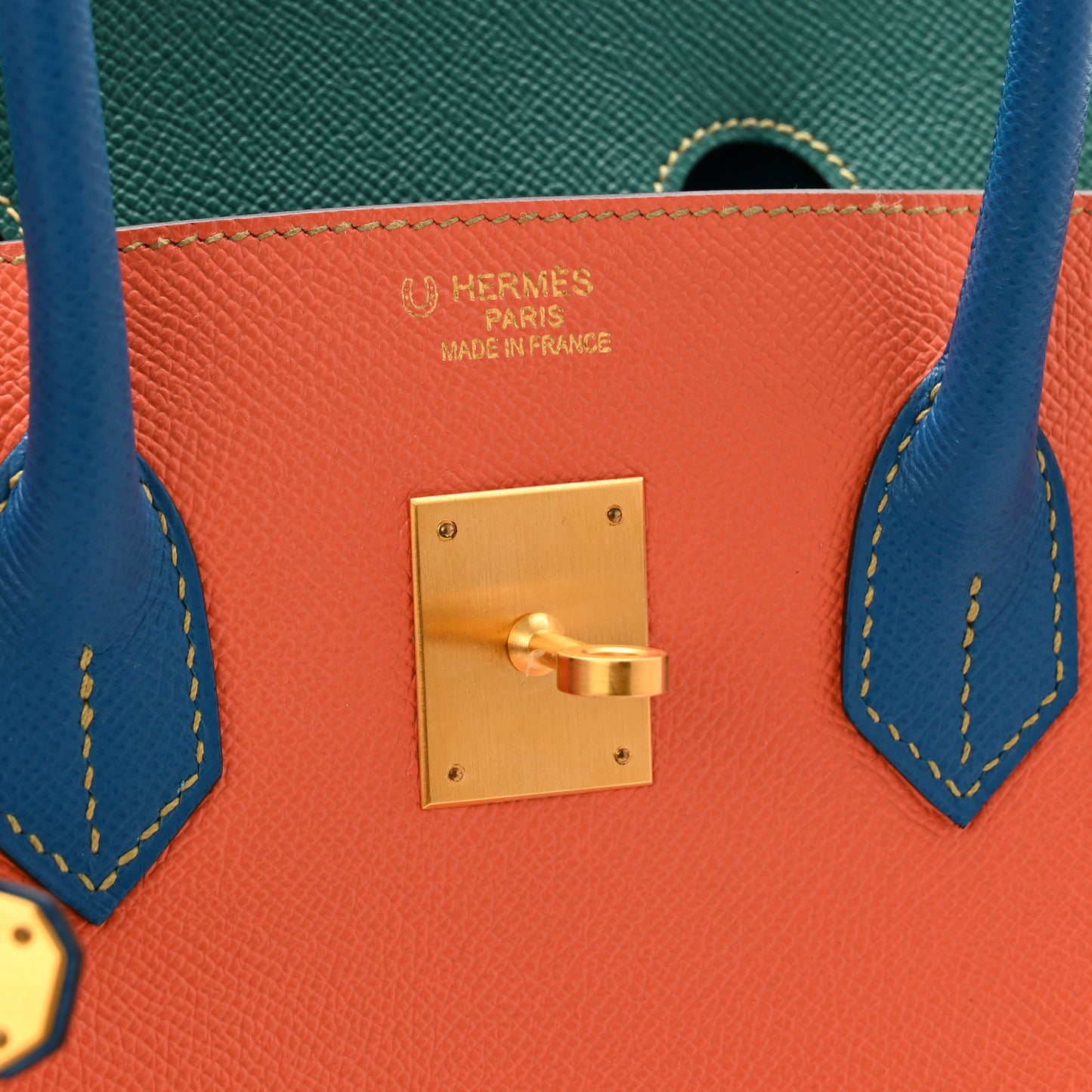 Epsom Horseshoe Tri-Color Birkin 35 Mangue Malachite Bleu Izmir