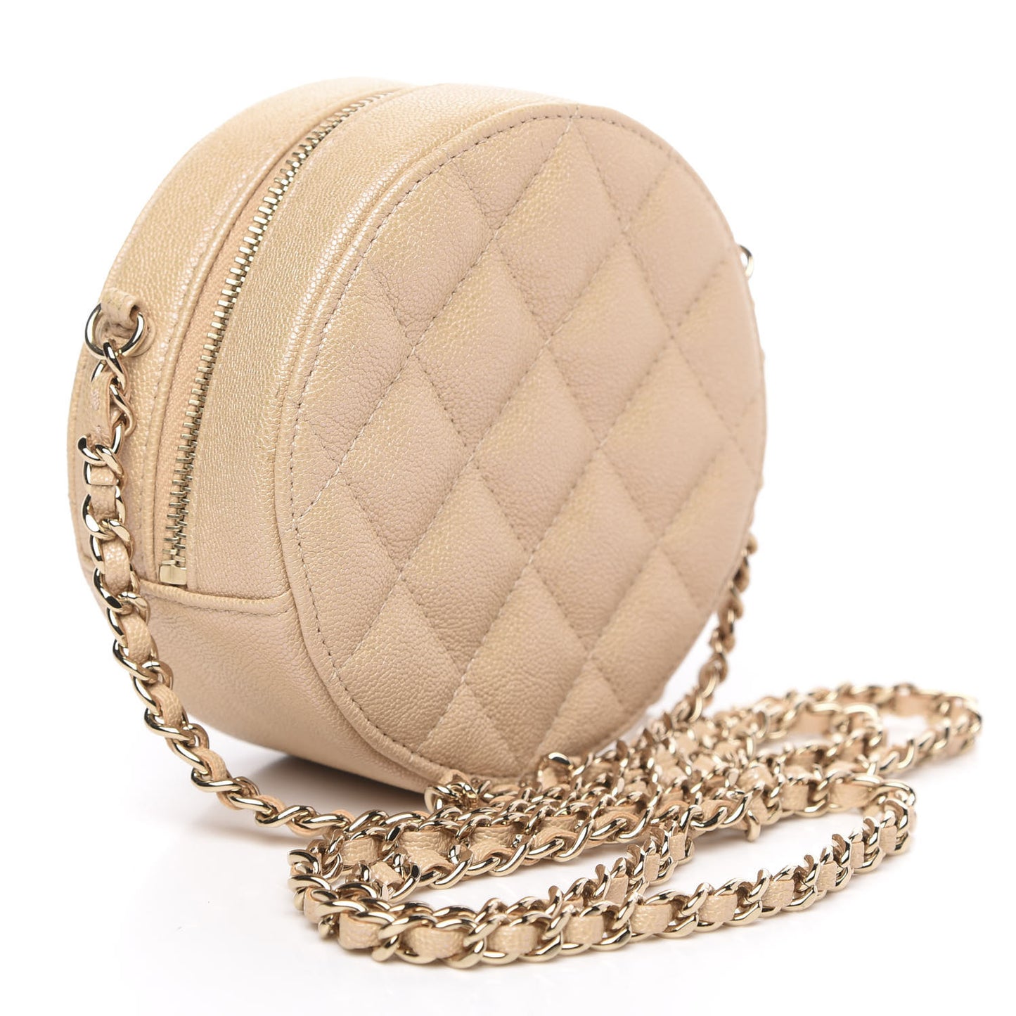 Iridescent Caviar Quilted Round Clutch With Chain Beige