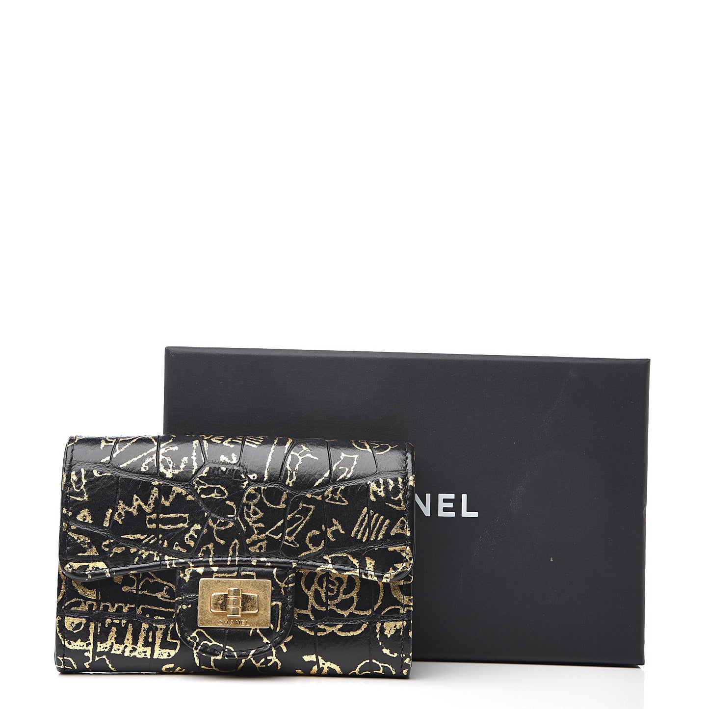 Calfskin Crocodile Embossed Graffiti Reissue Card Holder Wallet Black Gold