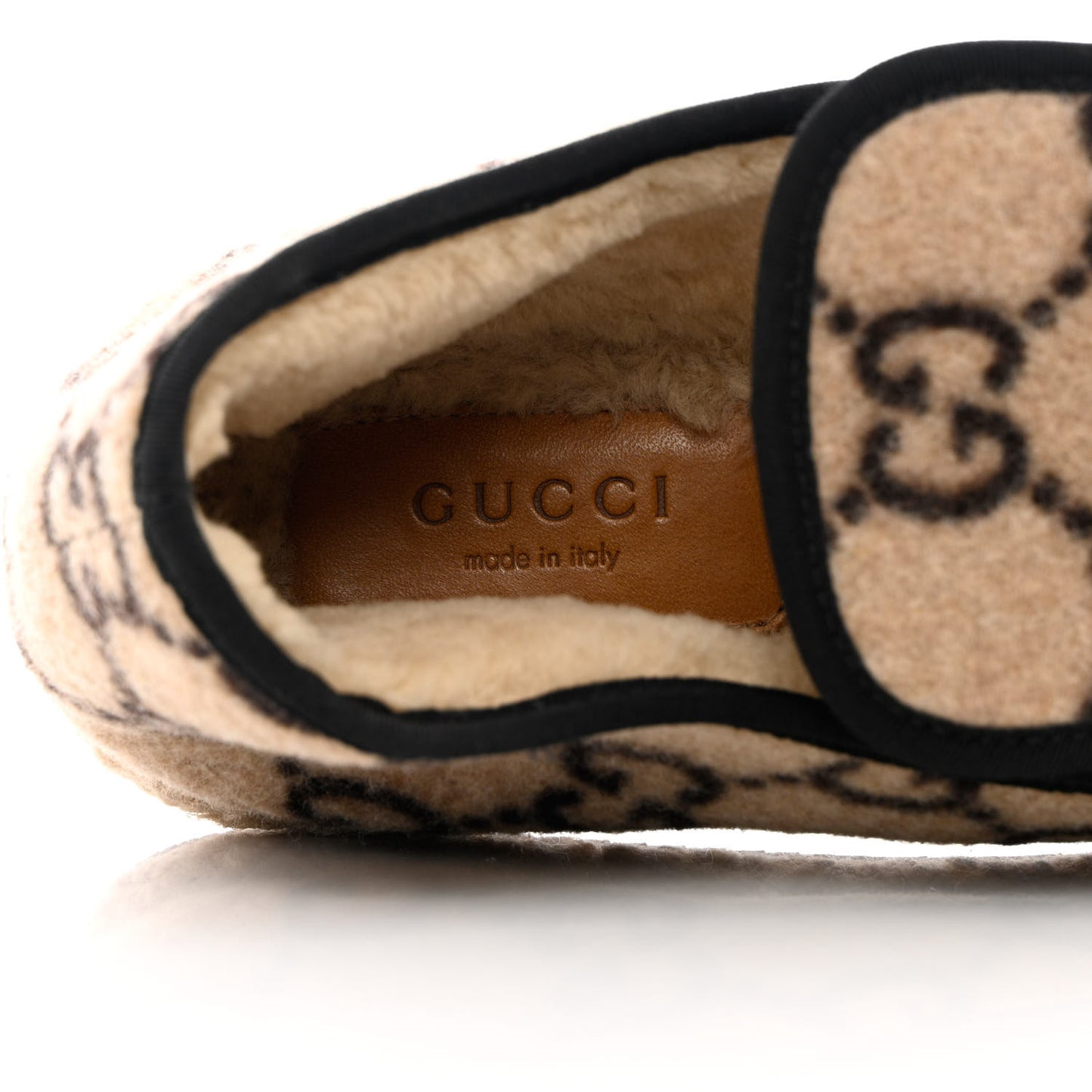 Covered Wool GG Monogram Womens Fria Horsebit Loafers 39 Beige Ebony Black Butterscotch