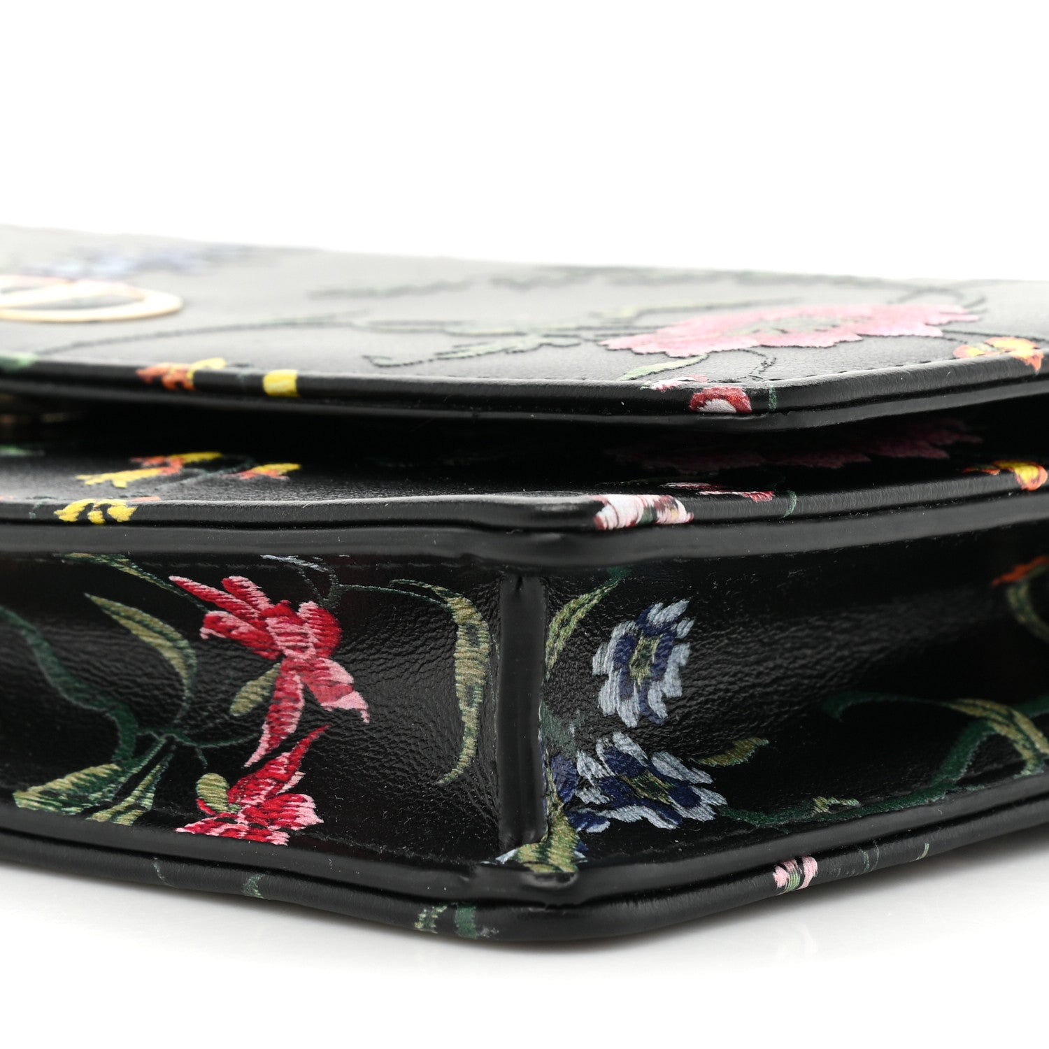Christian Dior Calfskin Petites Fleurs Print Caro Pouch With Chain Black Multicolor 8 of 12