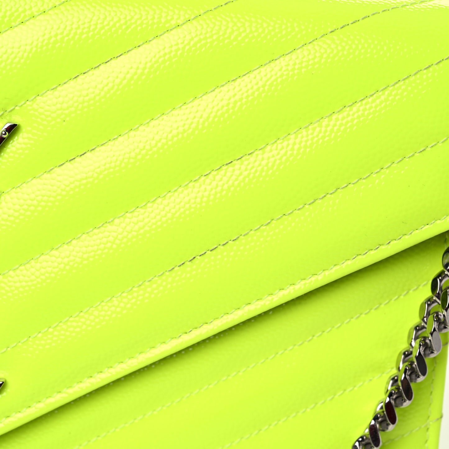Patent Grain De Poudre Matelasse Chevron Monogram Chain Wallet Neon Yellow