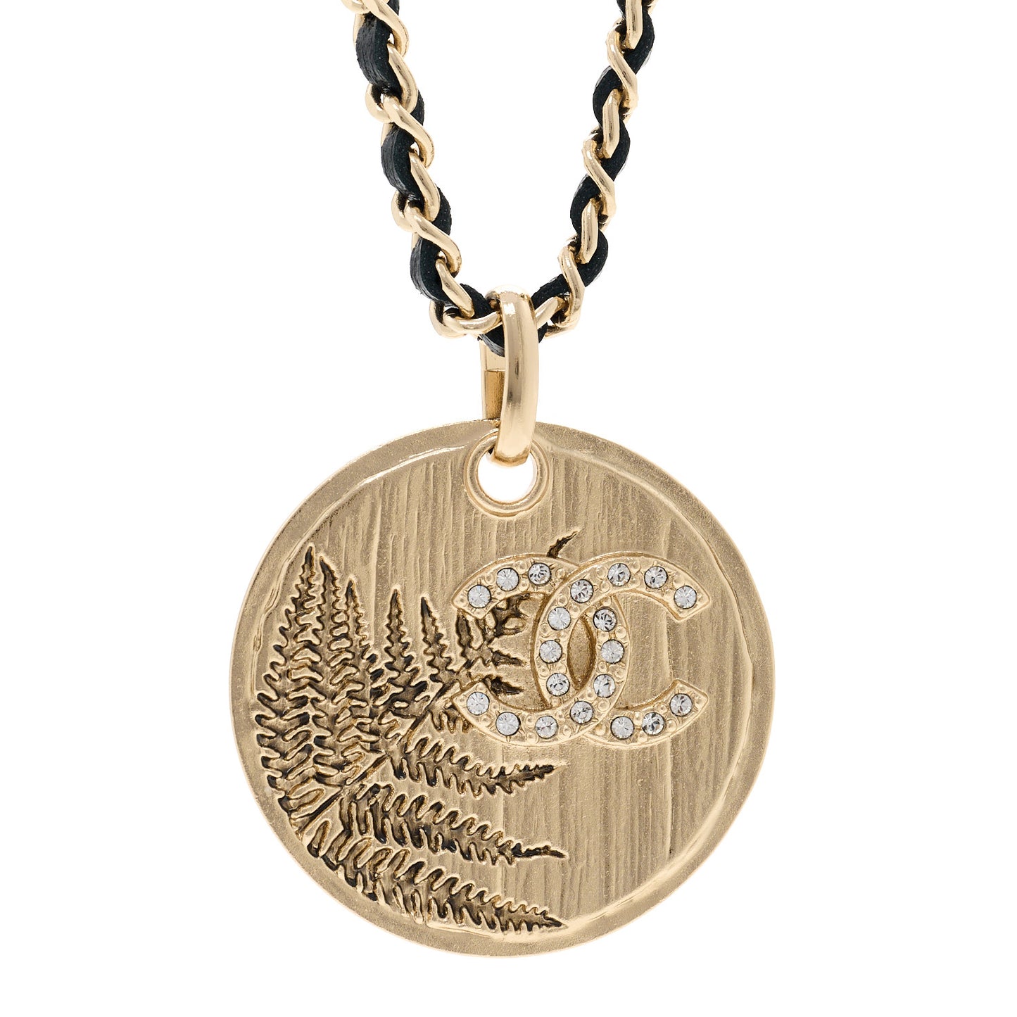 Lambskin Crystal CC Round Pendant Chain Necklace Gold Black