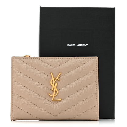 Saint Laurent Grain De Poudre Matelasse Chevron Monogram Zipped Card Case Dark Beige 8 of 8