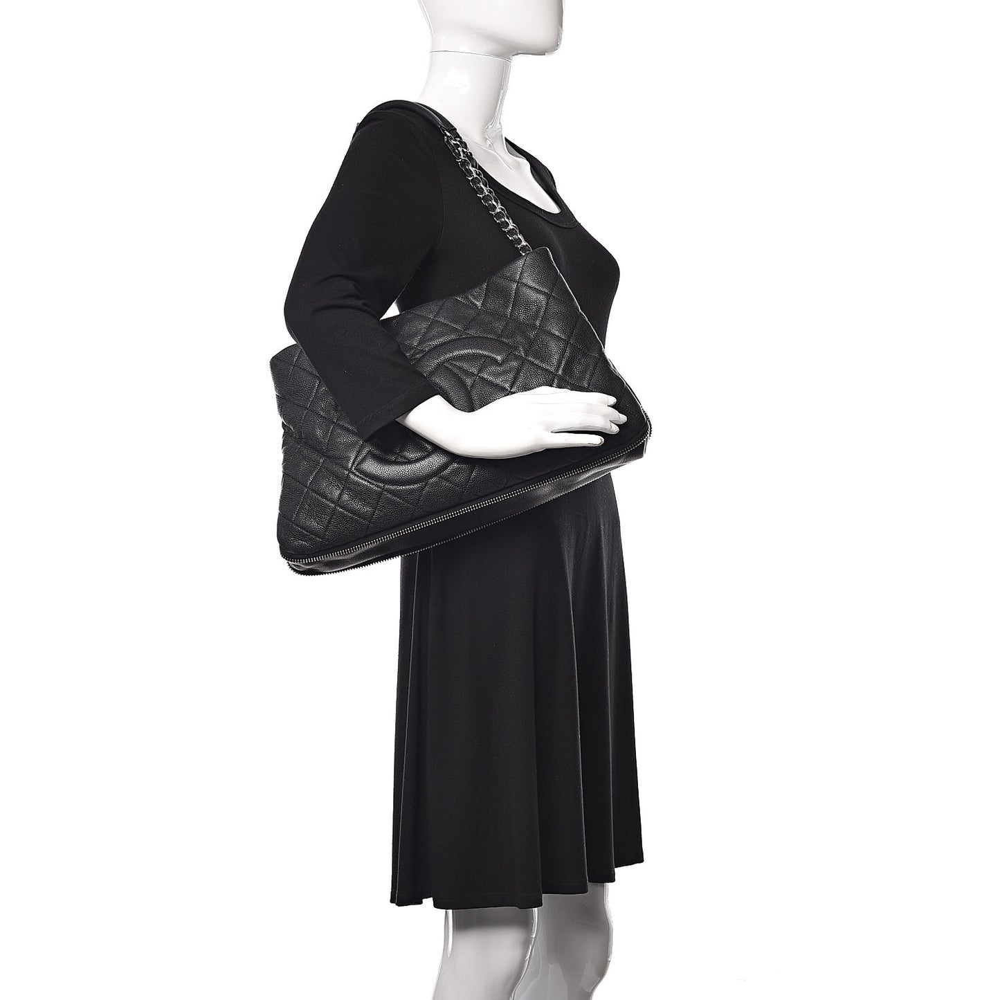 Caviar Quilted Expandable Zip Shoulder Bag Black