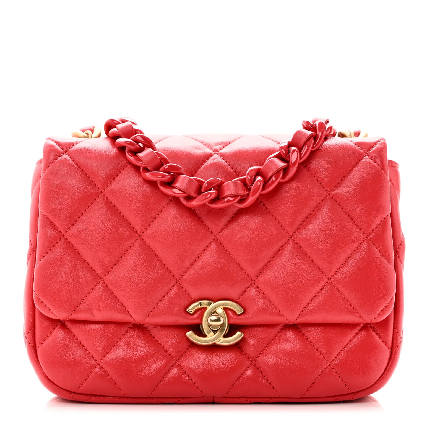 Lambskin Quilted Small Lacquered Chain Flap Red