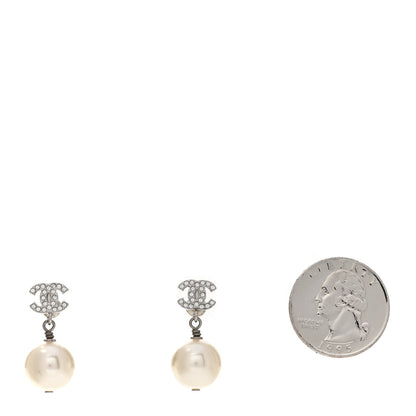 Chanel Crystal Pearl CC Drop Earrings Silver Pearly White 2 of 4