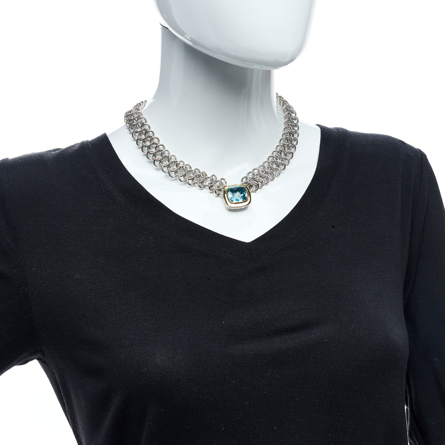 David Yurman Sterling Silver 18K Yellow Gold Blue Topaz 16mm Choker Necklace 3 of 4