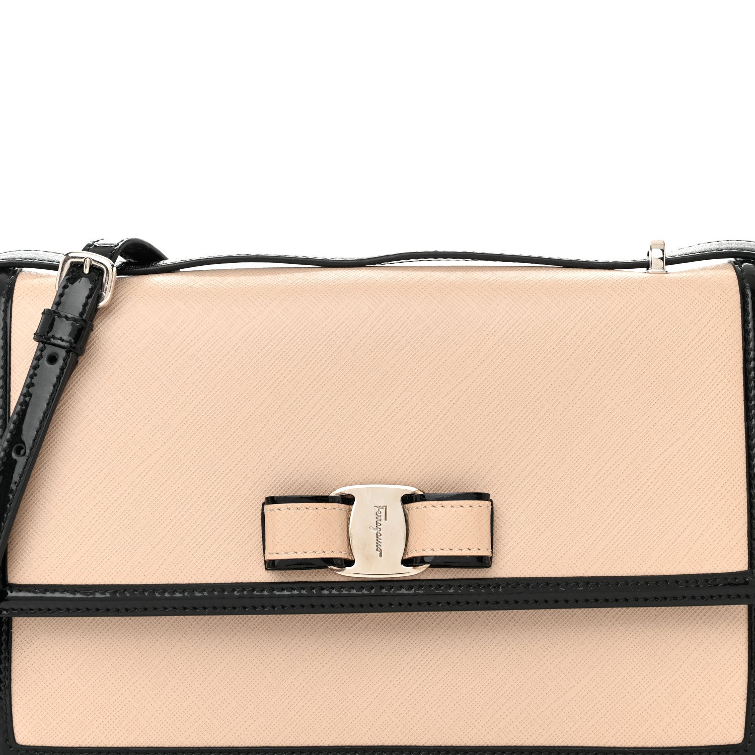 Salvatore Ferragamo Hammered Calfskin Vara Bow Shoulder Bag Beige Black 7 of 11
