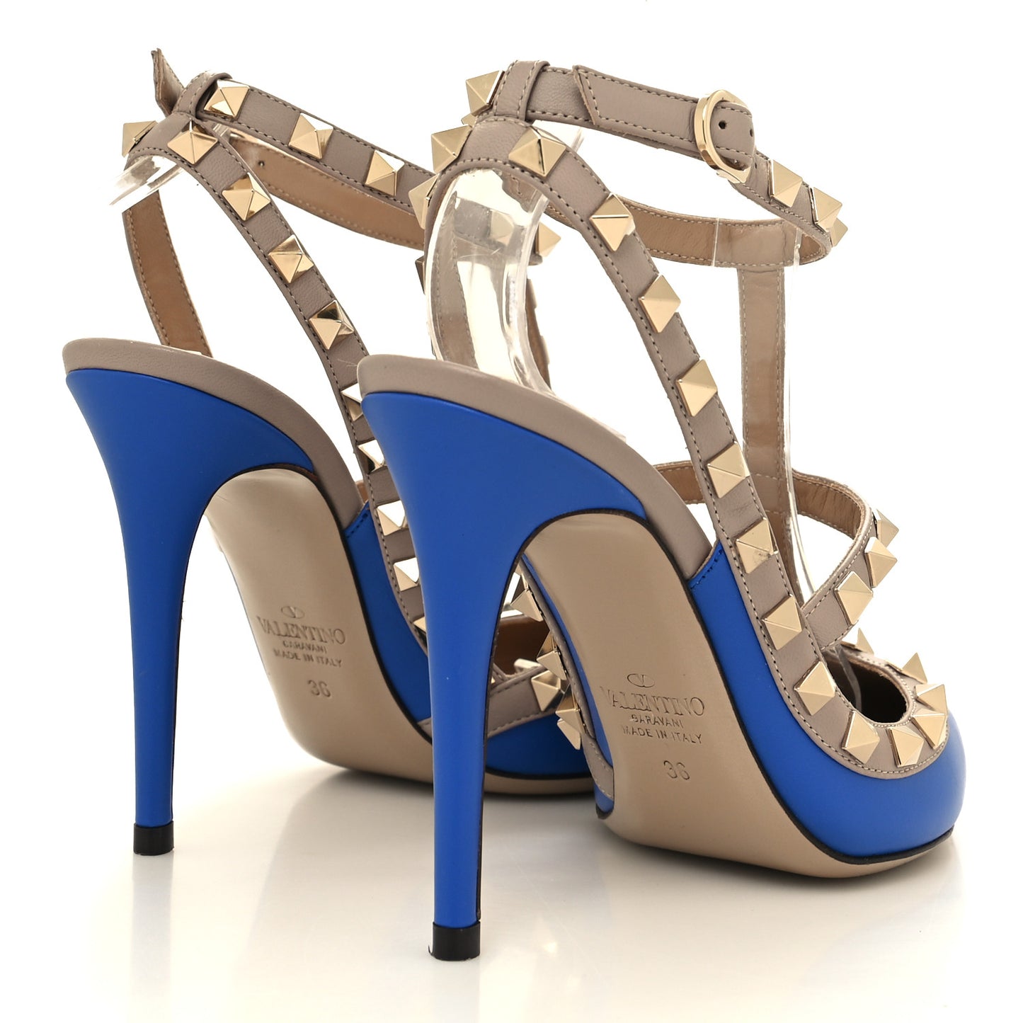 Calfskin Nappa Rockstud Ankle Strap 100mm Pumps 36 Sapphire Poudre