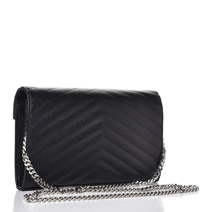 Saint Laurent Grain De Poudre Matelasse Chevron Monogram Chain Wallet Black 3 of 8