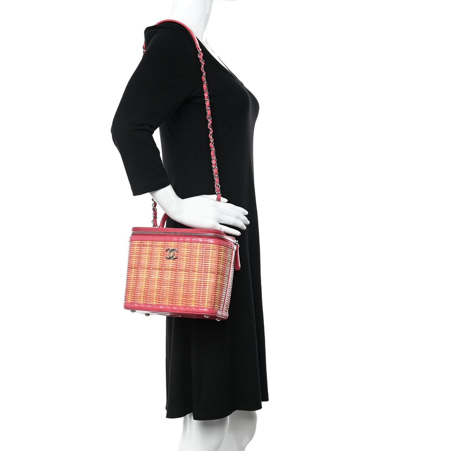 Glazed Calfskin Raffia Vanity Case Bag Pink