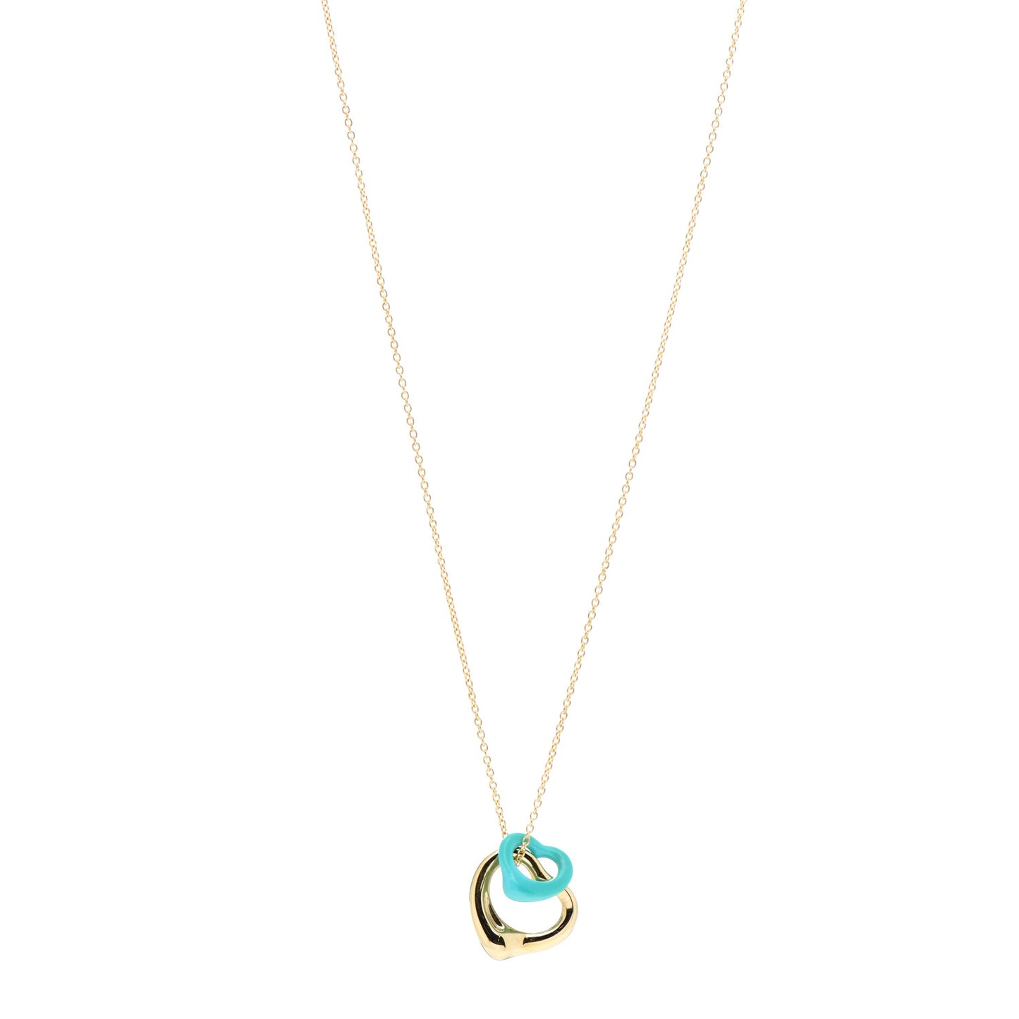 18K Yellow Gold Turquoise Elsa Peretti Double Open Heart Pendant Necklace