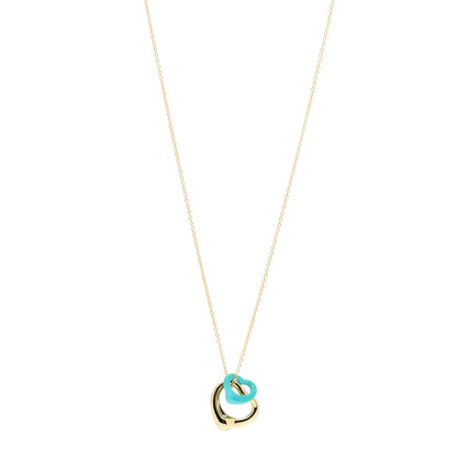 Tiffany 18K Yellow Gold Turquoise Elsa Peretti Double Open Heart Pendant Necklace 1 of 5