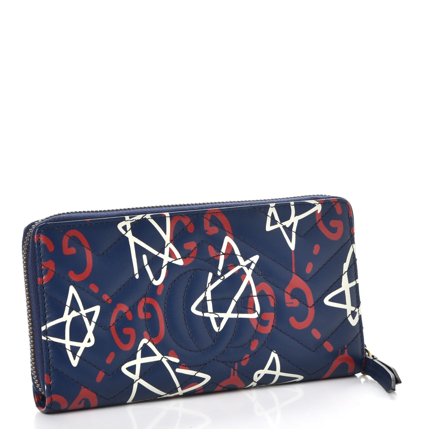 Calfskin Matelasse GucciGhost GG Marmont Zip Around Wallet Blue Agata Hibiscus Red