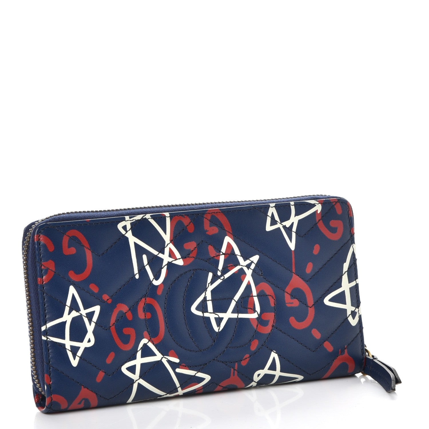 Gucci Calfskin Matelasse GucciGhost GG Marmont Zip Around Wallet Blue Agata Hibiscus Red 3 of 8