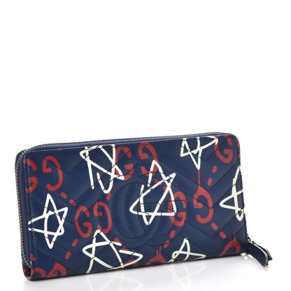 Gucci Calfskin Matelasse GucciGhost GG Marmont Zip Around Wallet Blue Agata Hibiscus Red 3 of 8