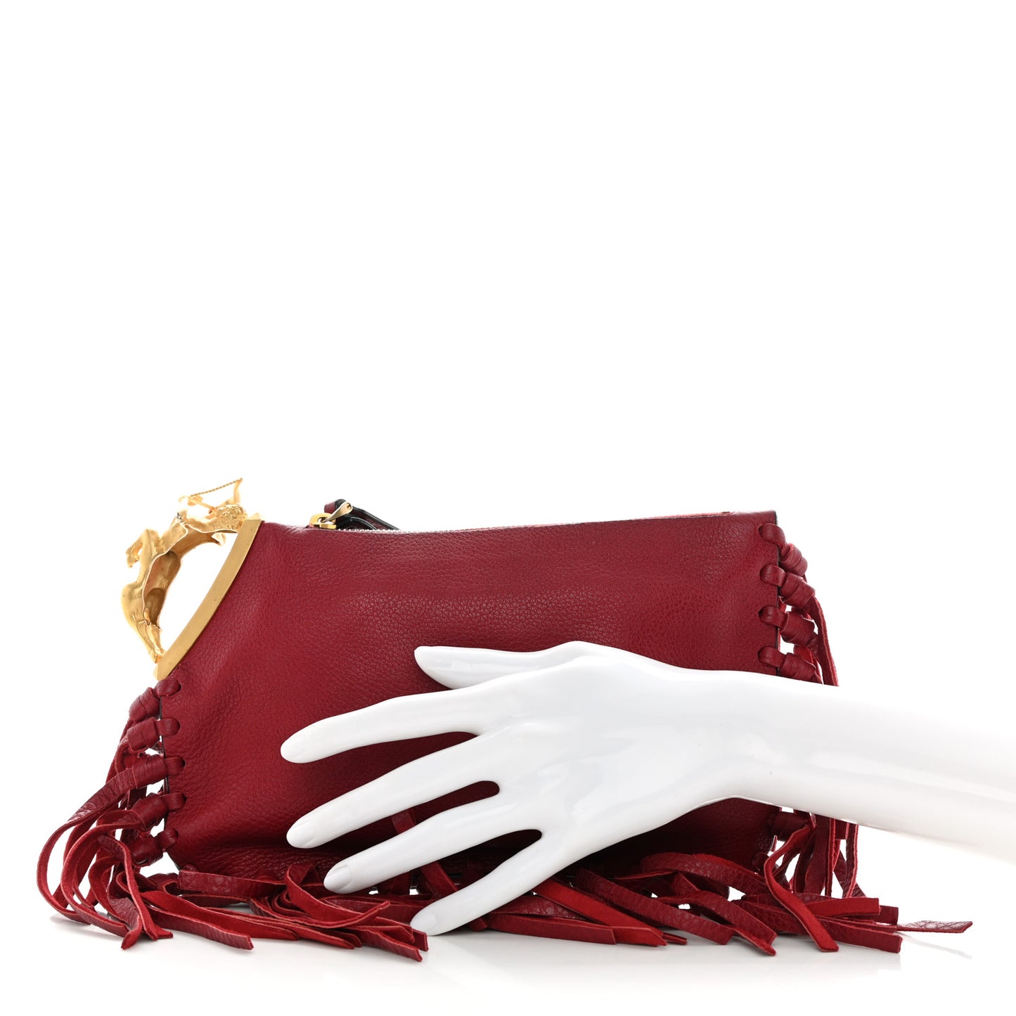 Grained Calfskin C-Rockee Sagittarius Fringe Clutch Scarlet