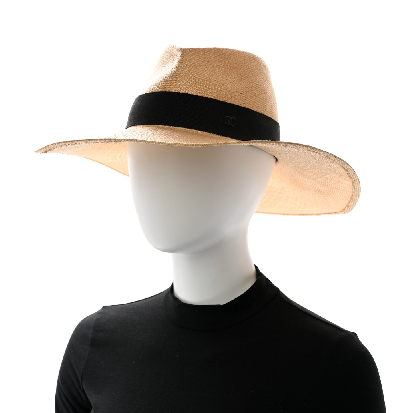 Straw Grosgrain Wide Brim Hat M Beige Black