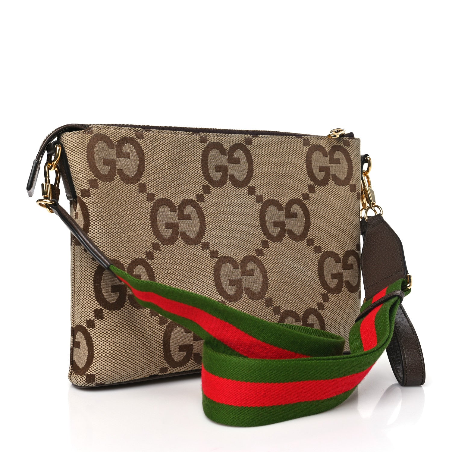 Gucci Monogram Jumbo GG Textured Dollar Calfskin Web Wristlet Messenger Bag Camel Ebony New Acero 3 of 10