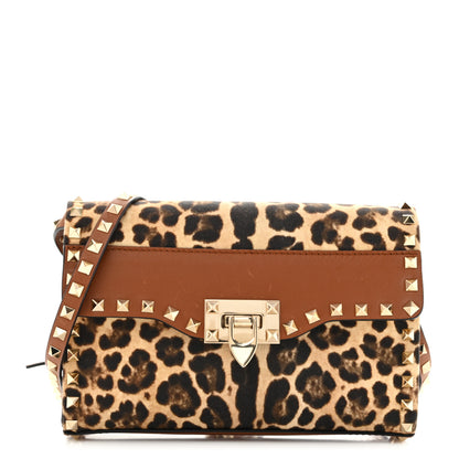 Valentino Garavani Calfskin Canvas Leopard Print Medium Rockstud Flip Lock Crossbody Bag Tan 1 of 12