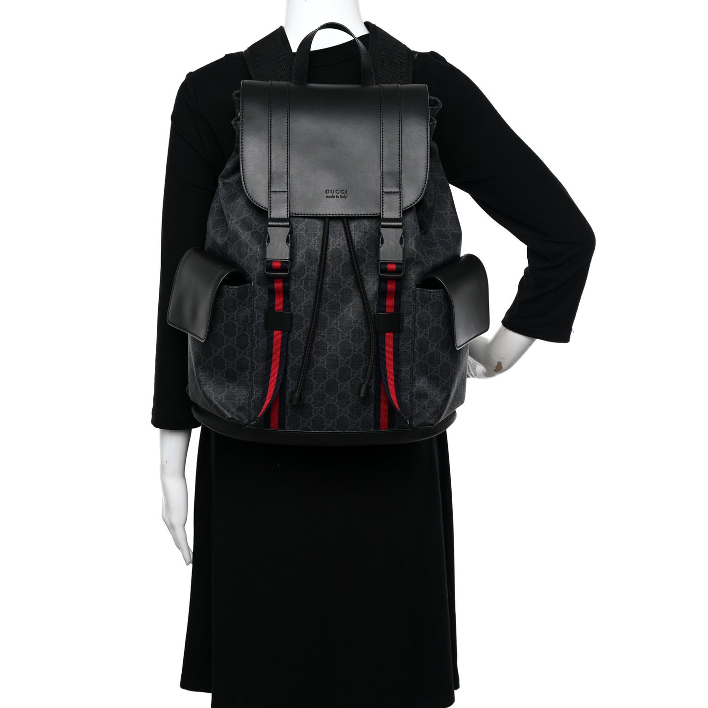 Soft GG Supreme Monogram Calfskin Web Double Buckle Backpack Black