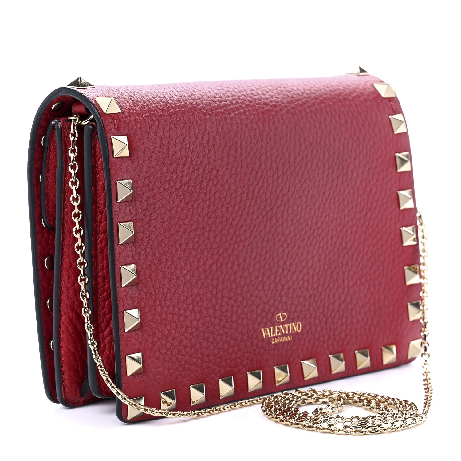 Valentino Garavani Pebbled Calfskin Rockstud Wallet on Chain Rubino 2 of 11