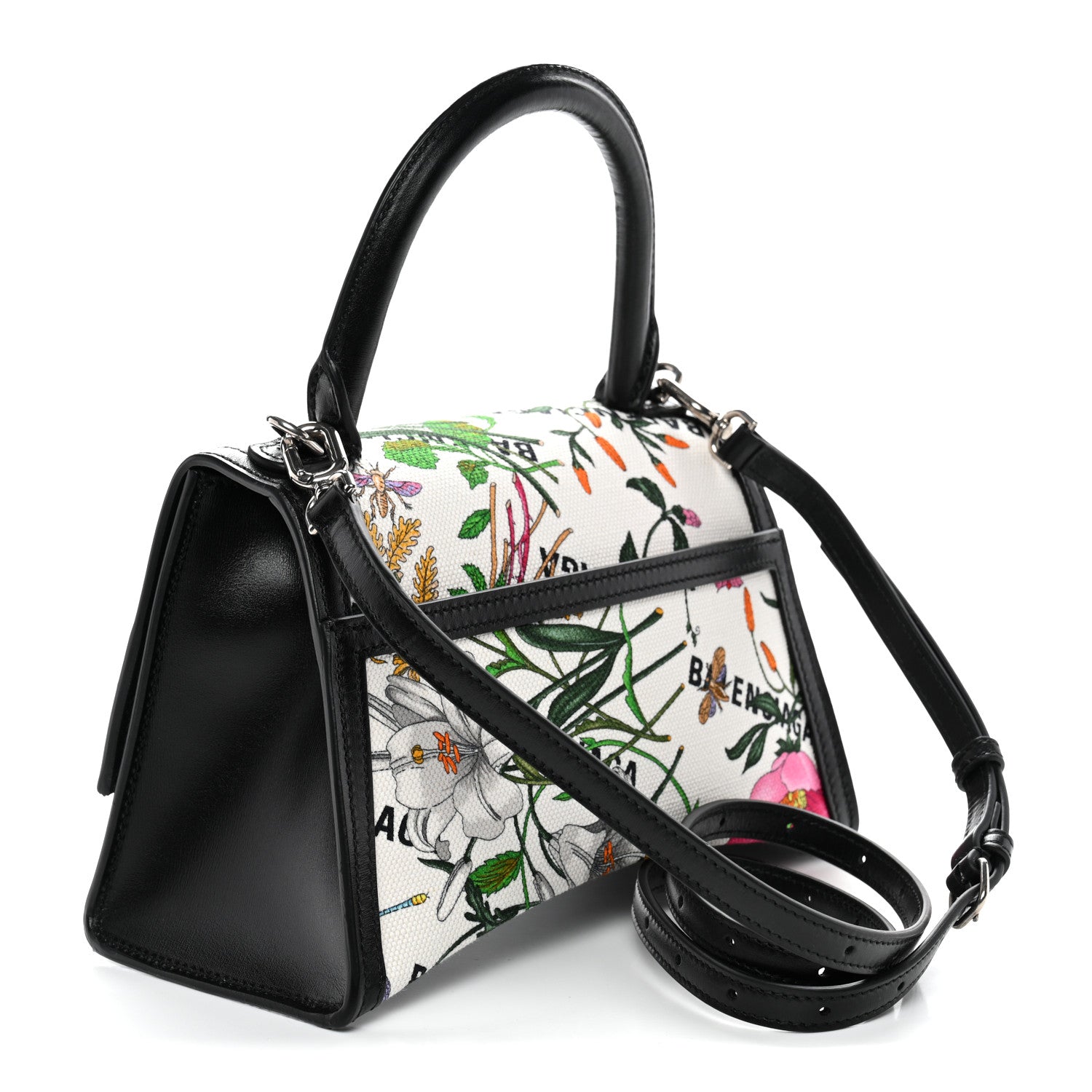 Balenciaga X GUCCI Canvas Boarded Plutone Calfskin Flora Logo Print Small Hourglass Top Handle Bag White Multicolor Black 3 of 10