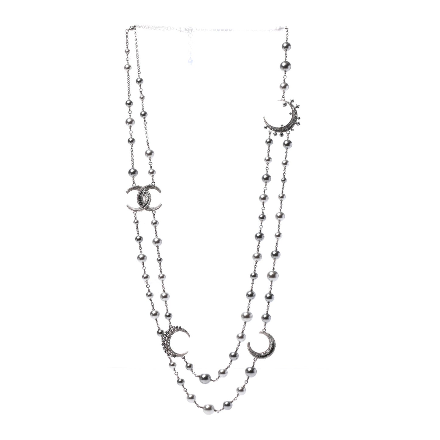 Pearl Baguette Crystal CC Moon Long Necklace Silver