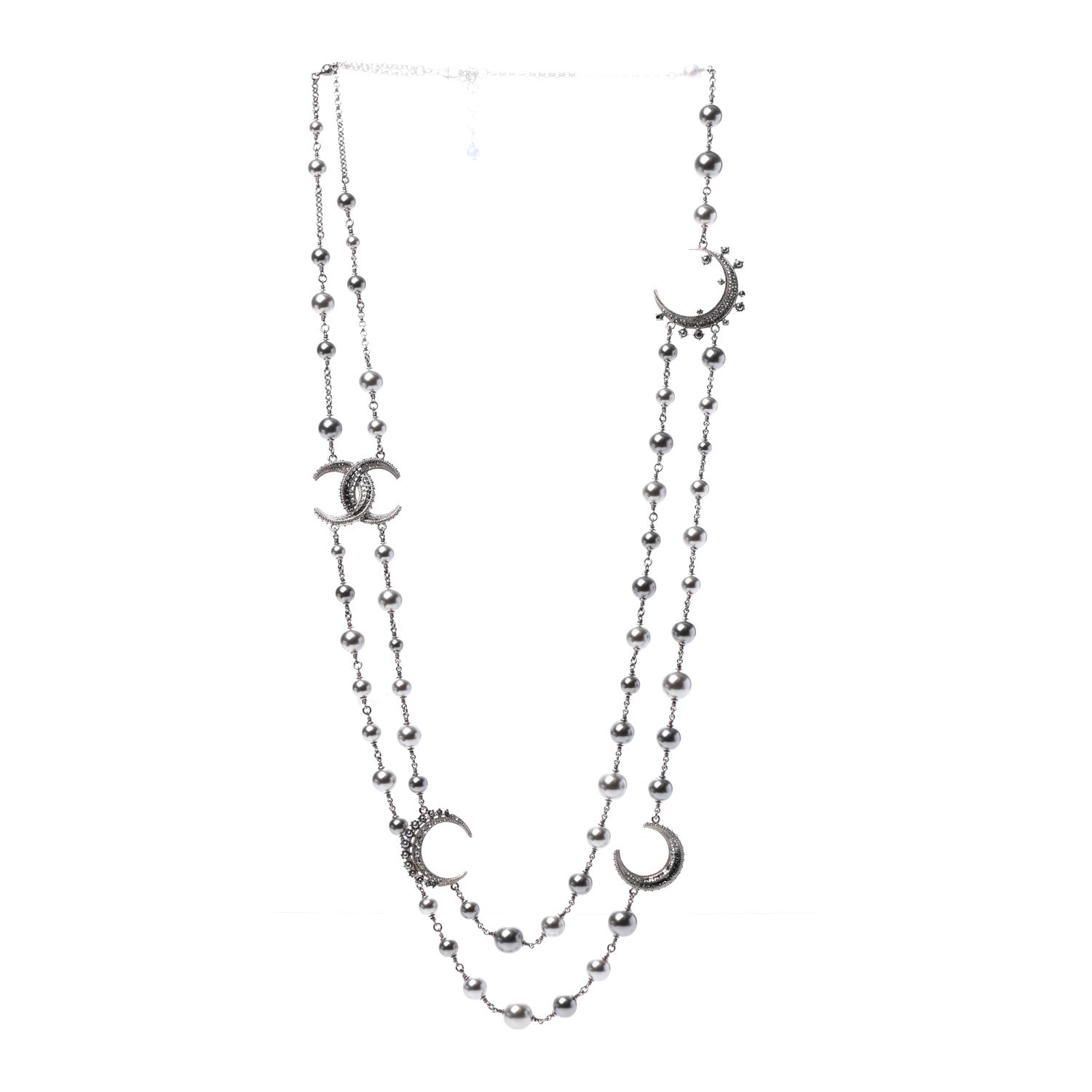 Chanel Pearl Baguette Crystal CC Moon Long Necklace Silver 3 of 5