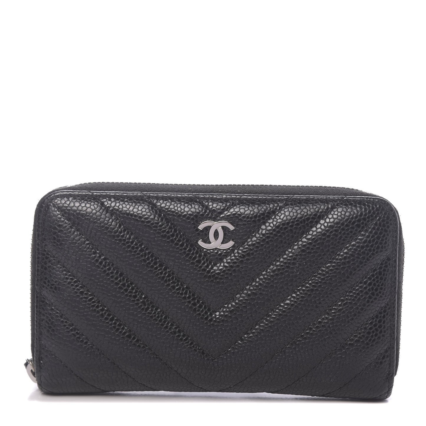 Caviar Chevron Quilted Small Zip Around Wallet Black