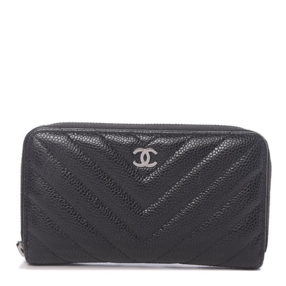 Chanel Caviar Chevron Quilted Small Zip Around Wallet Black 1 of 8