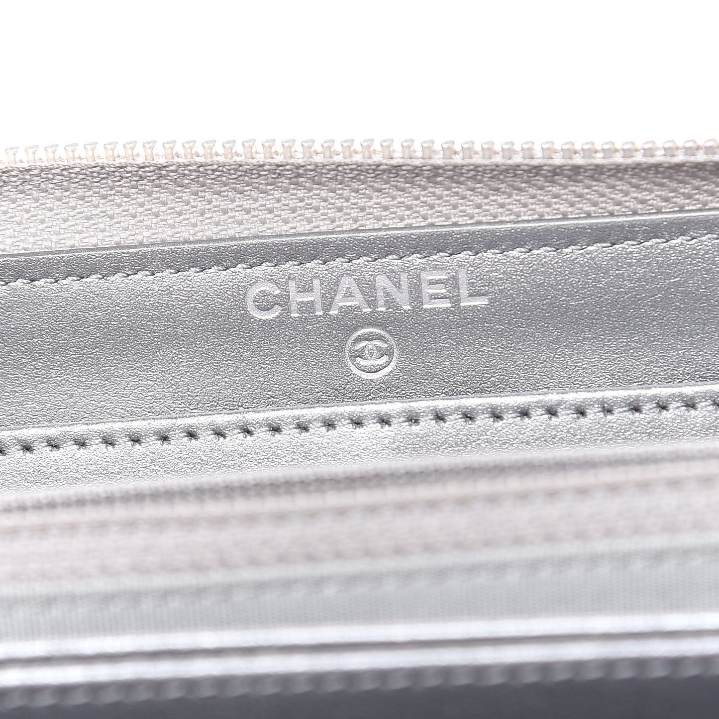 Metallic Caviar Quilted Boy L-Gusset Zip Wallet Silver