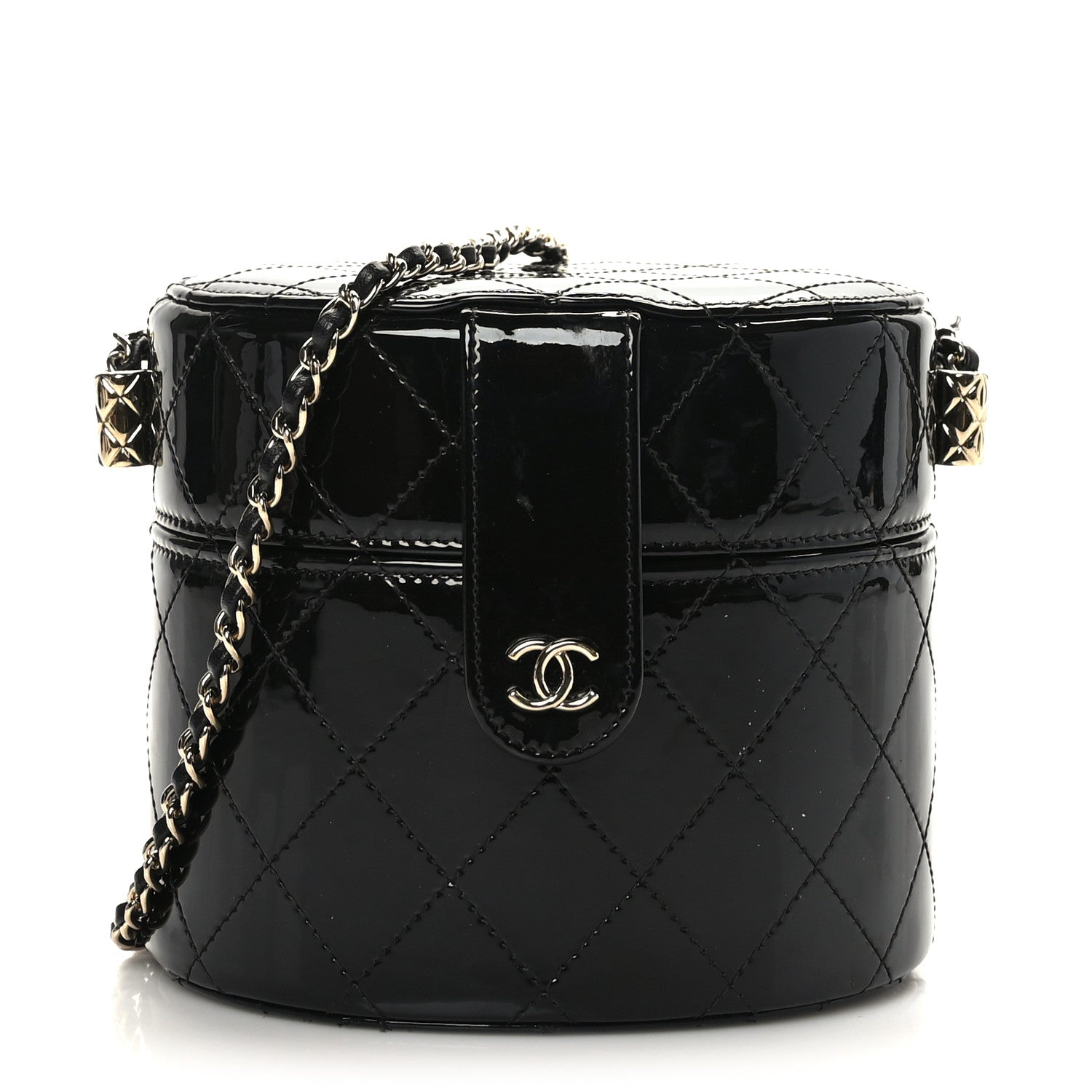 Chanel Patent Quilted Round Clutch With Chain Black 1 of 10