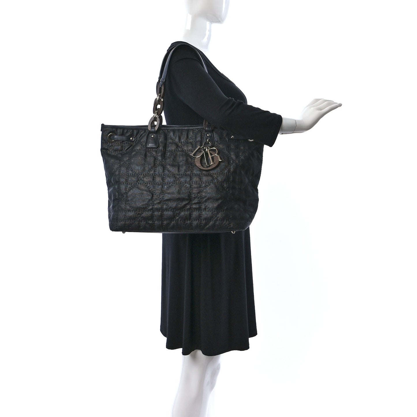 Coated Canvas Cannage Large Panarea Wood Tote Black