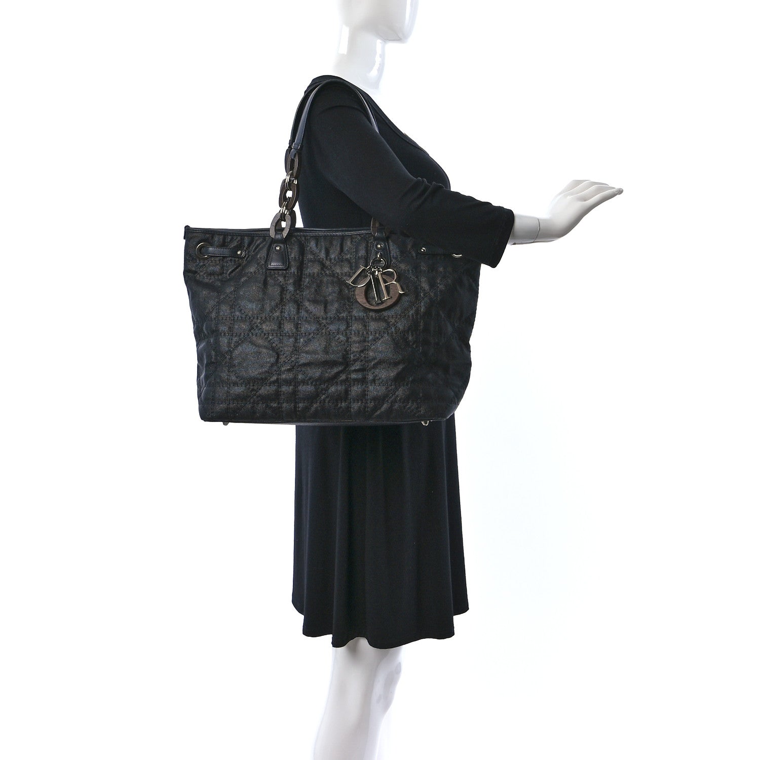 Christian Dior Coated Canvas Cannage Large Panarea Wood Tote Black 2 of 19