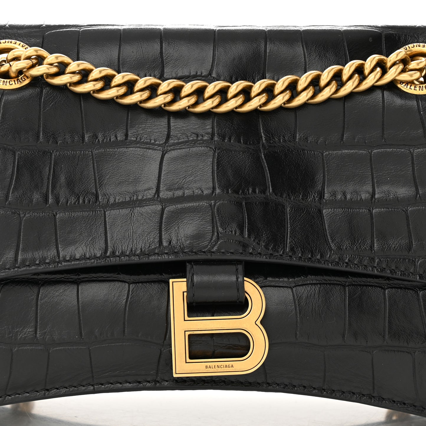 Extra Supple Calfskin Crocodile Embossed Small Crush Chain Bag Black