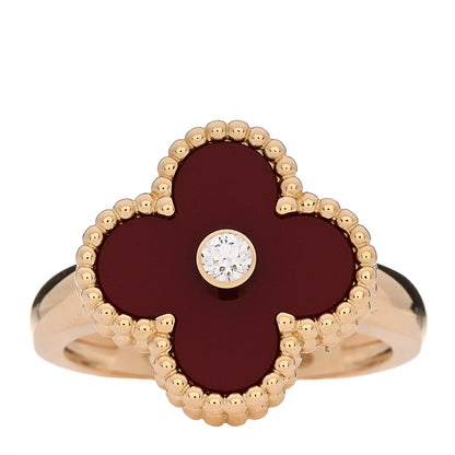 Van Cleef & Arpels 18K Yellow Gold Carnelian Diamond Vintage Alhambra Ring 52 6 1 of 4