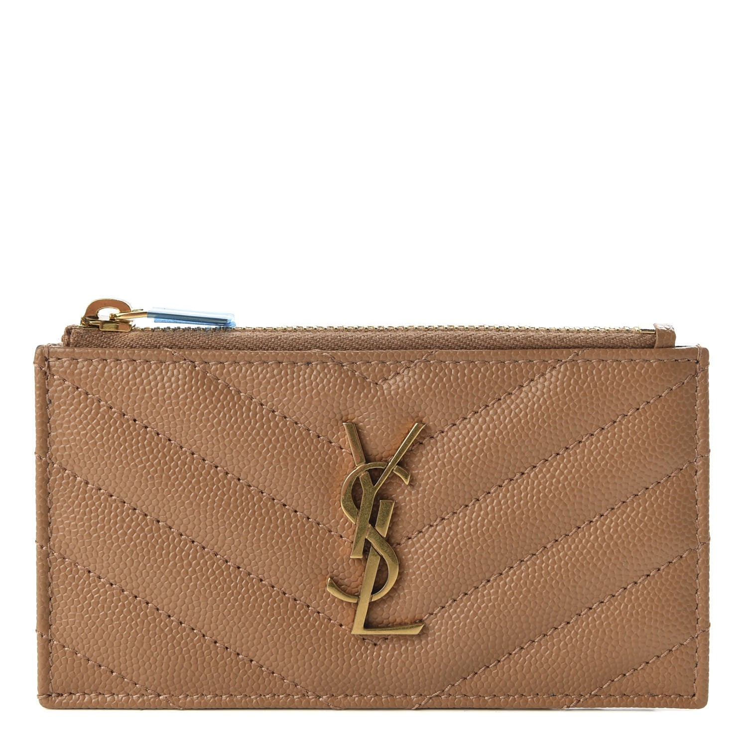 Saint Laurent Grain De Poudre Matelasse Chevron Monogram Fragments Zippered Card Case Cork 1 of 8