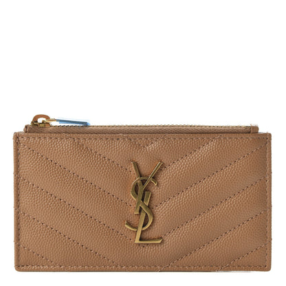Saint Laurent Grain De Poudre Matelasse Chevron Monogram Fragments Zippered Card Case Cork 1 of 8