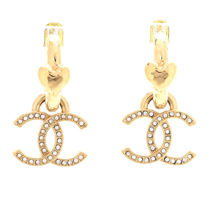 Chanel Metal Crystal CC Heart Drop Hoop Earrings Gold 1 of 5