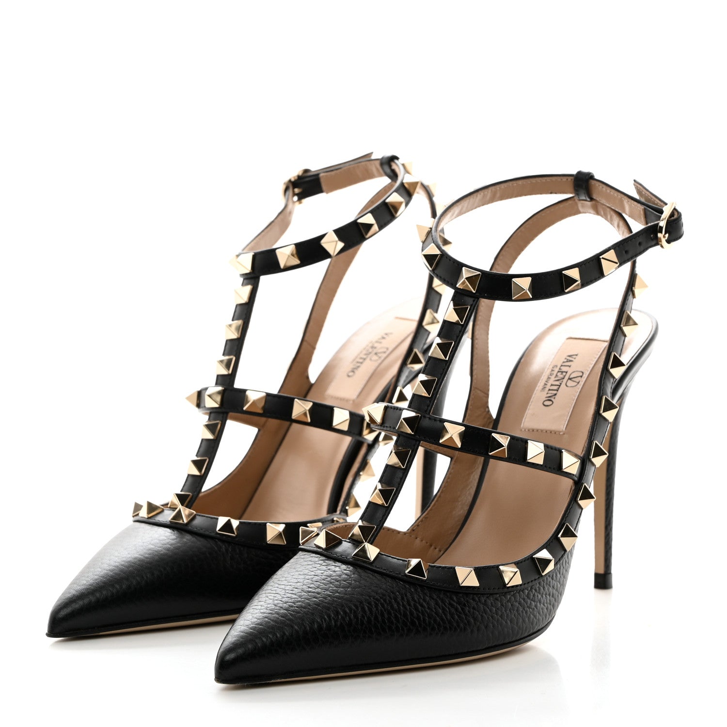 Valentino Garavani Pebbled Calfskin Rockstud Ankle Strap 100mm Pumps 39 Black 3 of 7