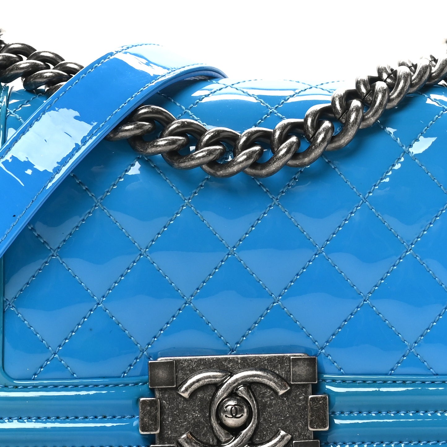 Patent Calfskin Quilted Small Boy Flap Blue