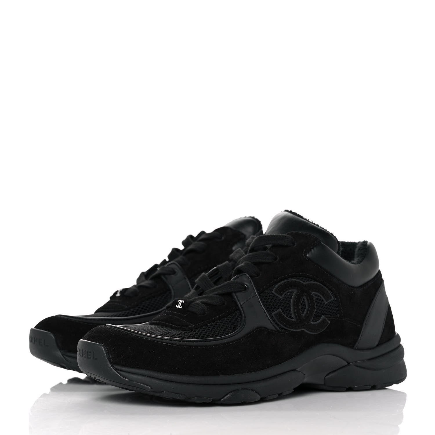 Chanel Fabric Calfskin Suede CC Sneakers 38 Black 3 of 9