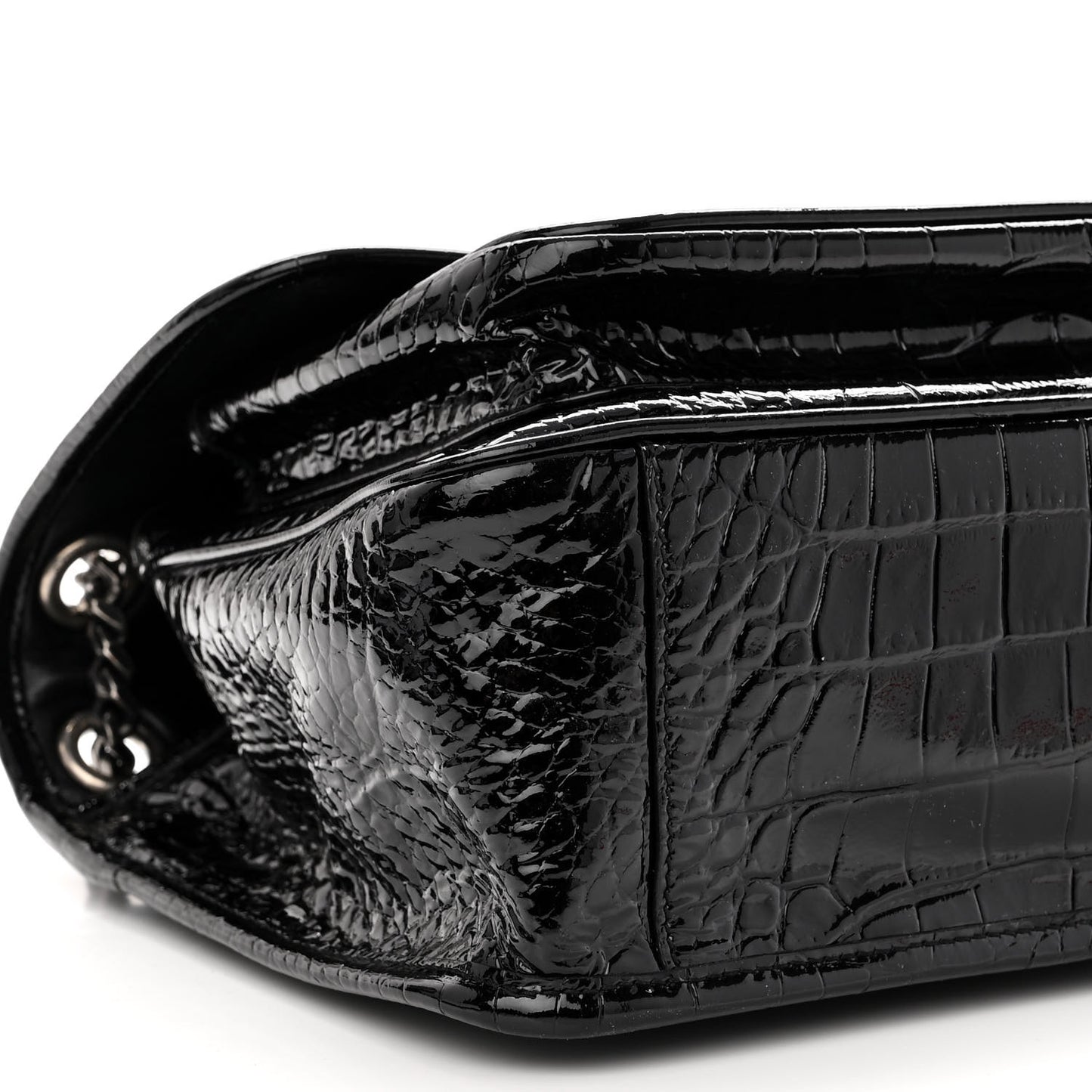 Patent Crocodile Embossed Lambskin Monogram Medium Niki Chain Satchel Black