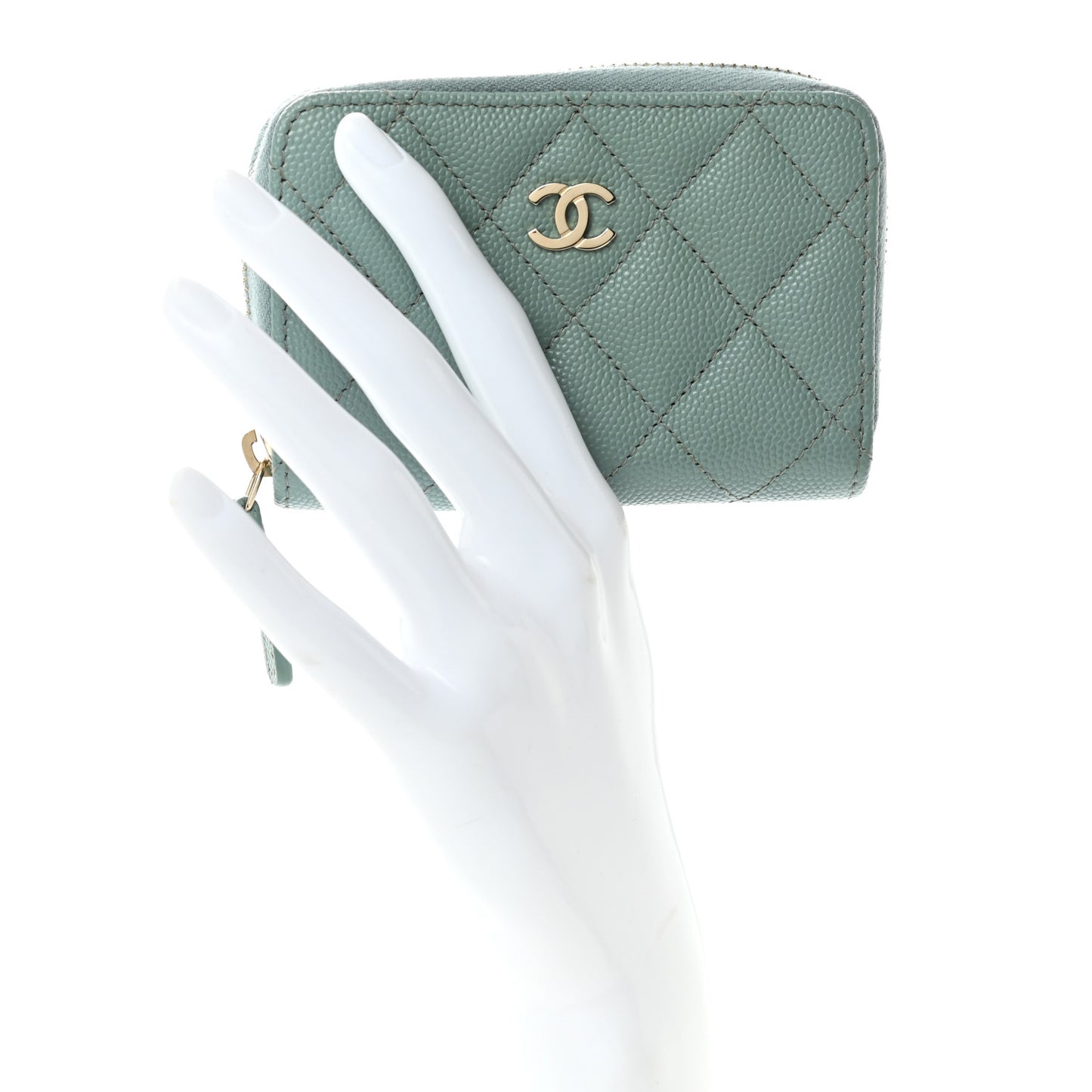 Caviar Quilted Zip Around Coin Purse Wallet Dark Green