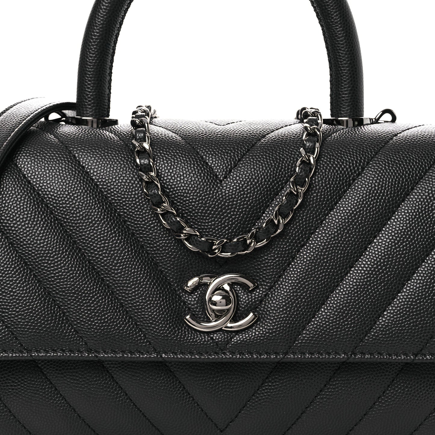 Caviar Chevron Quilted Mini Coco Handle Flap Dark Grey