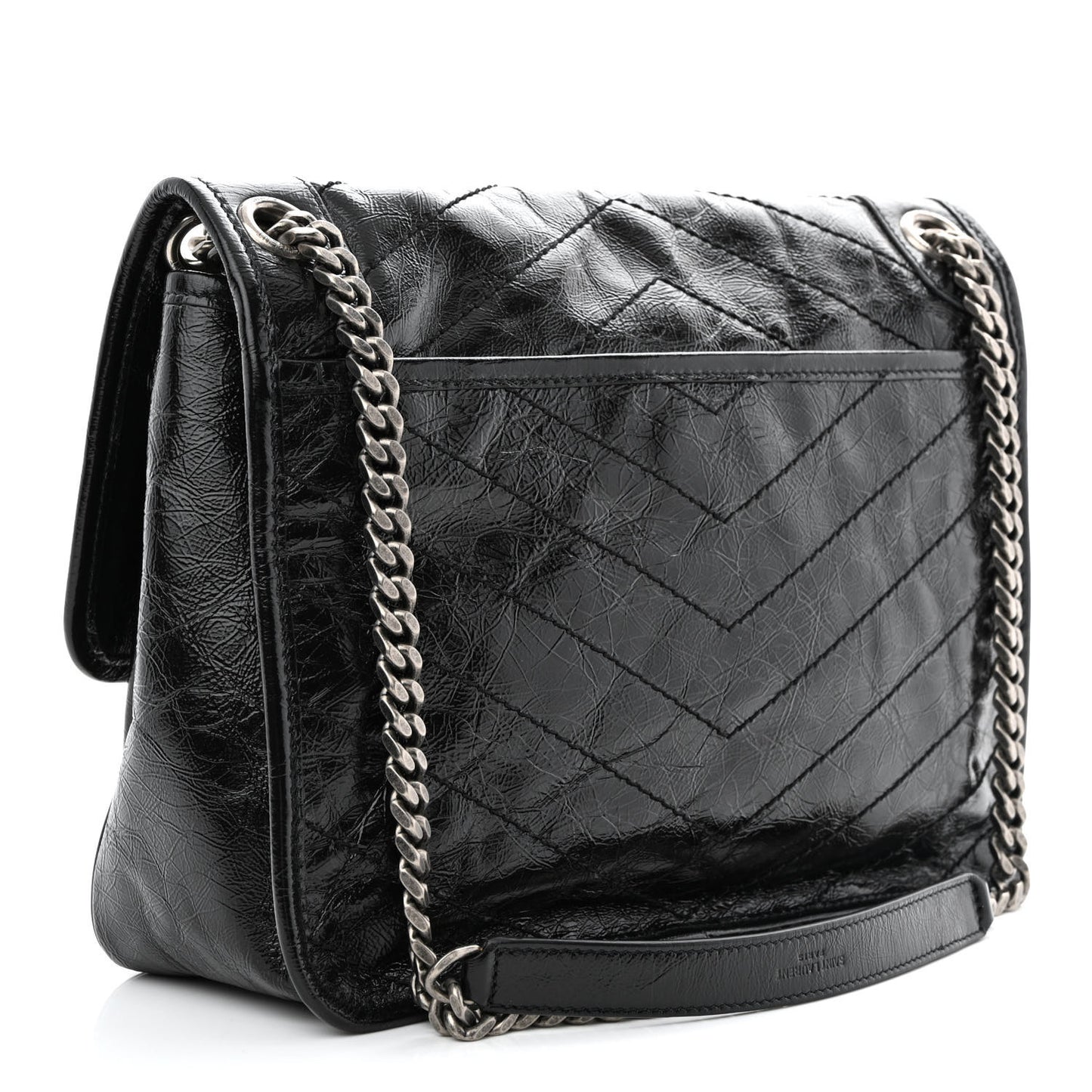 Crinkled Calfskin Matelasse Monogram Medium Niki Chain Satchel Black